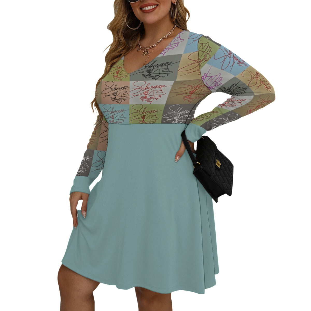 Liberace Piano Signature Logo Pattern V-neck Long Sleeve Dress (Plus Size)