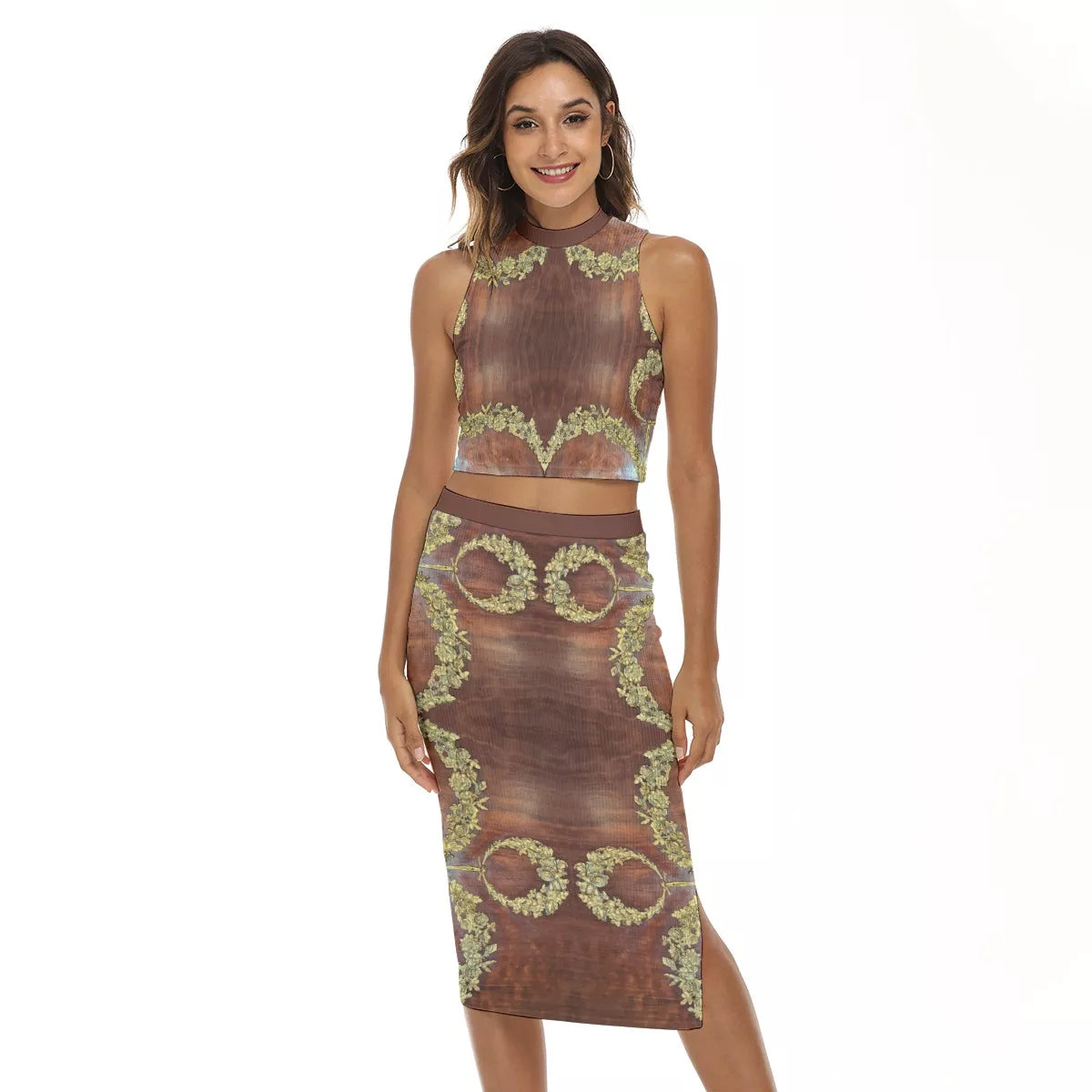 Liberace Napoleonic Print Slit High Skirt Sleeveless Set