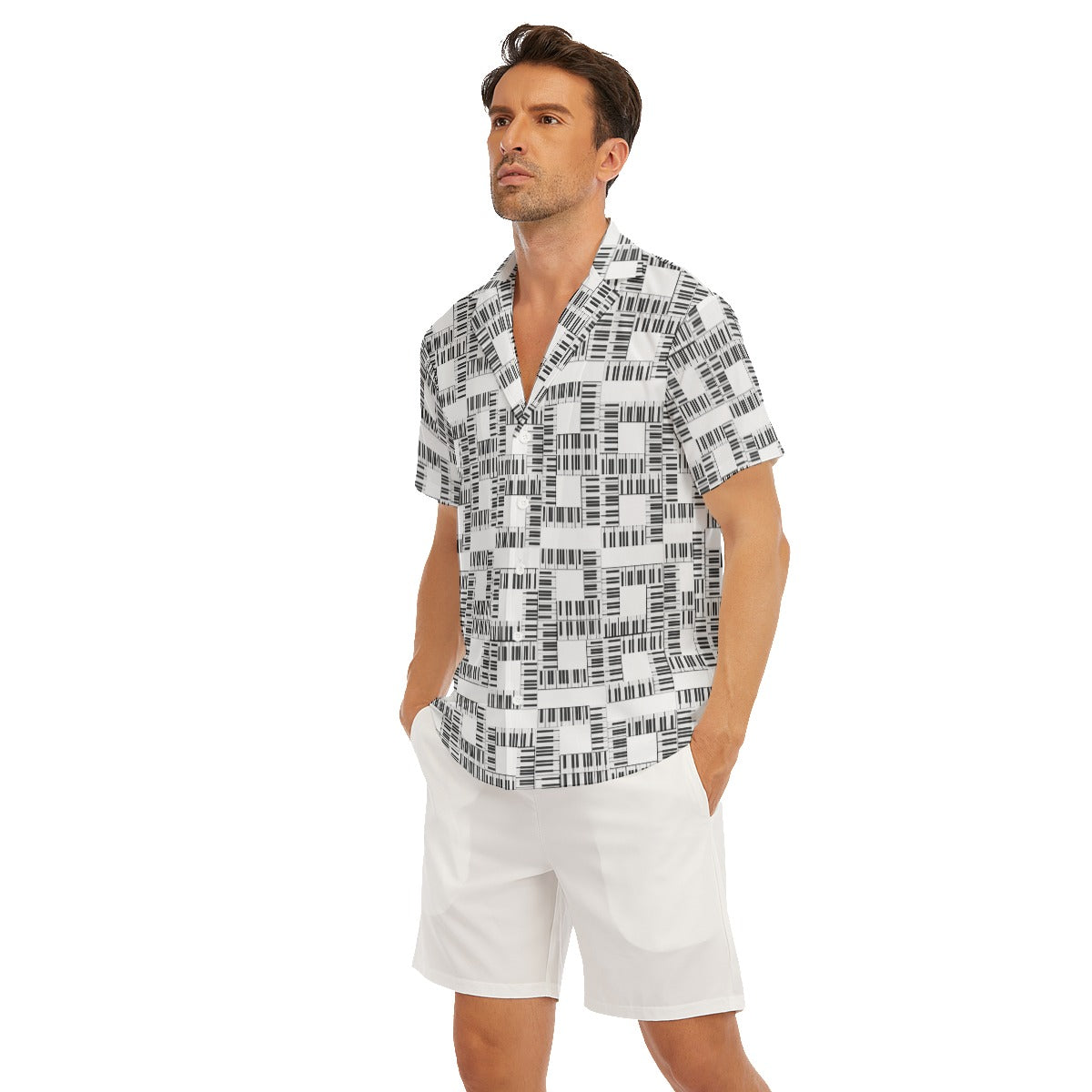 Liberace Piano Key Pattern Mens Short Sleeve Button-down Shirt white
