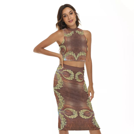 Liberace Napoleonic Print Slit High Skirt Sleeveless Set