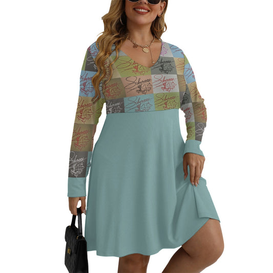 Liberace Piano Signature Logo Pattern V-neck Long Sleeve Dress (Plus Size)