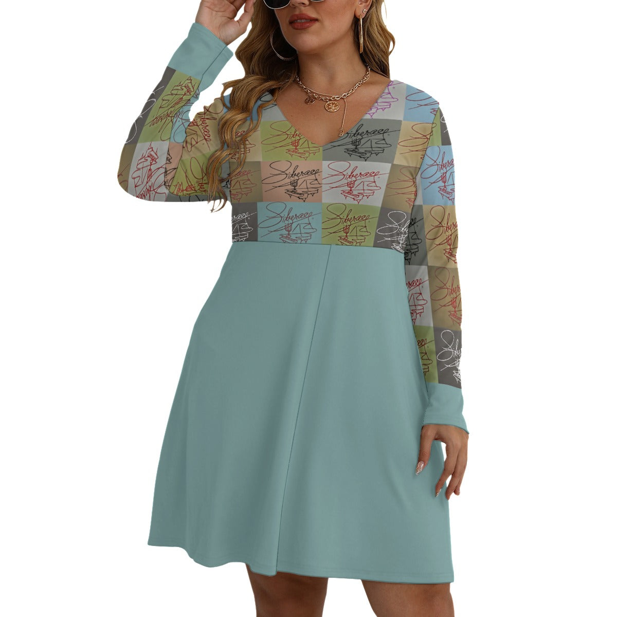 Liberace Piano Signature Logo Pattern V-neck Long Sleeve Dress (Plus Size)