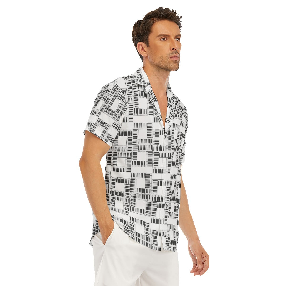 Liberace Piano Key Pattern Mens Short Sleeve Button-down Shirt white