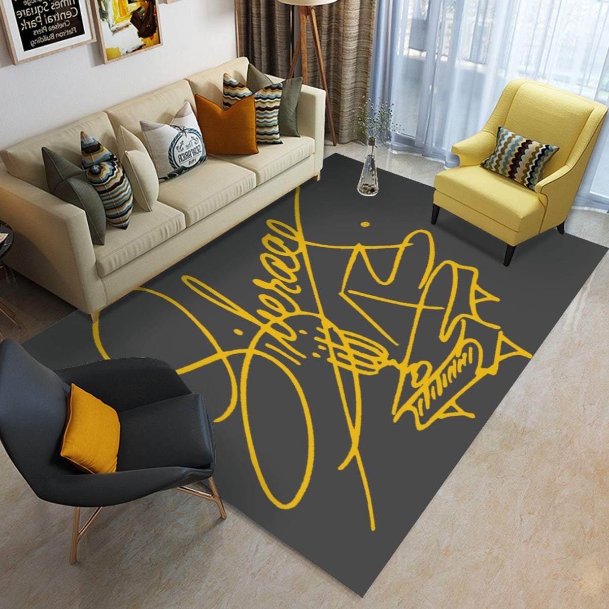 Liberace Piano Signature Logo Area Plush Rug in Black and Gold