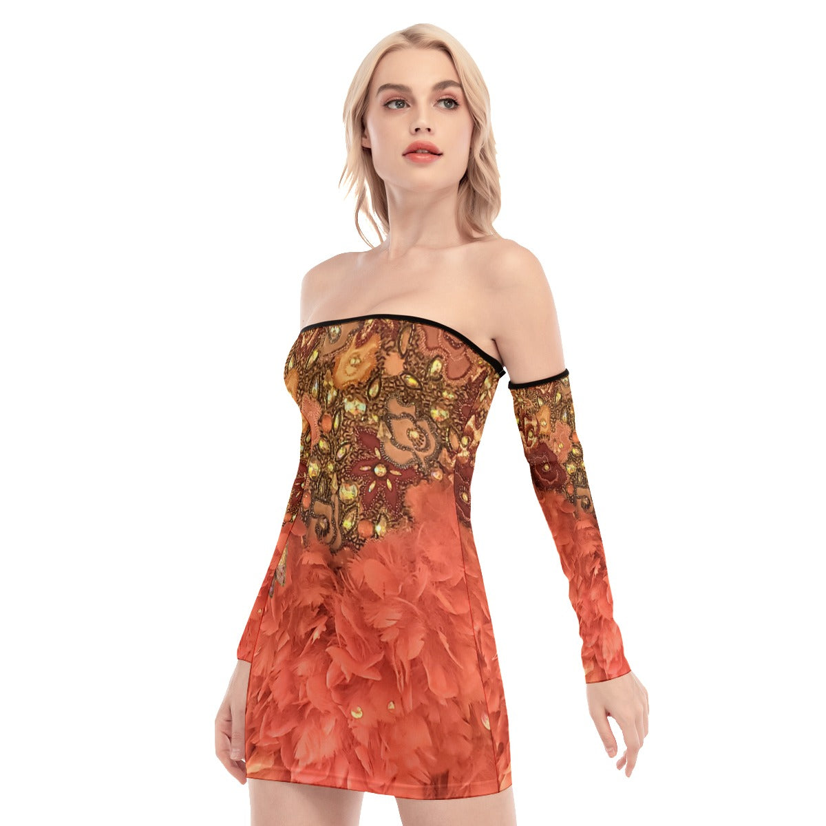 Liberace Finale Feather Cape Print Dress