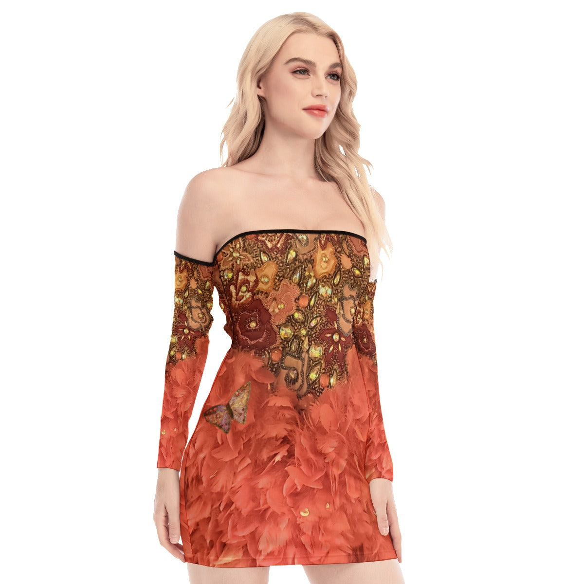 Liberace Finale Feather Cape Print Dress