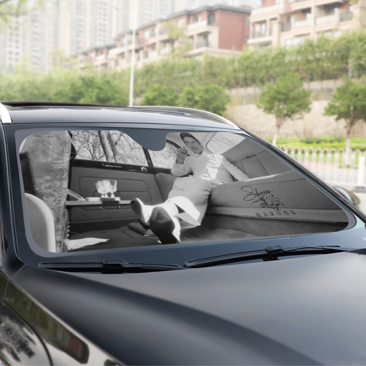 Liberace in Rolls Royce UV windshield sunshade