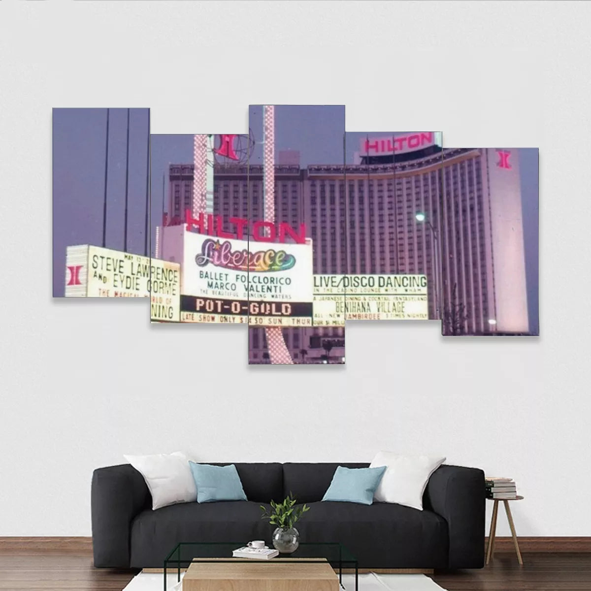 Liberace 1970's Las Vegas Hilton marquee photo framed five-piece mural