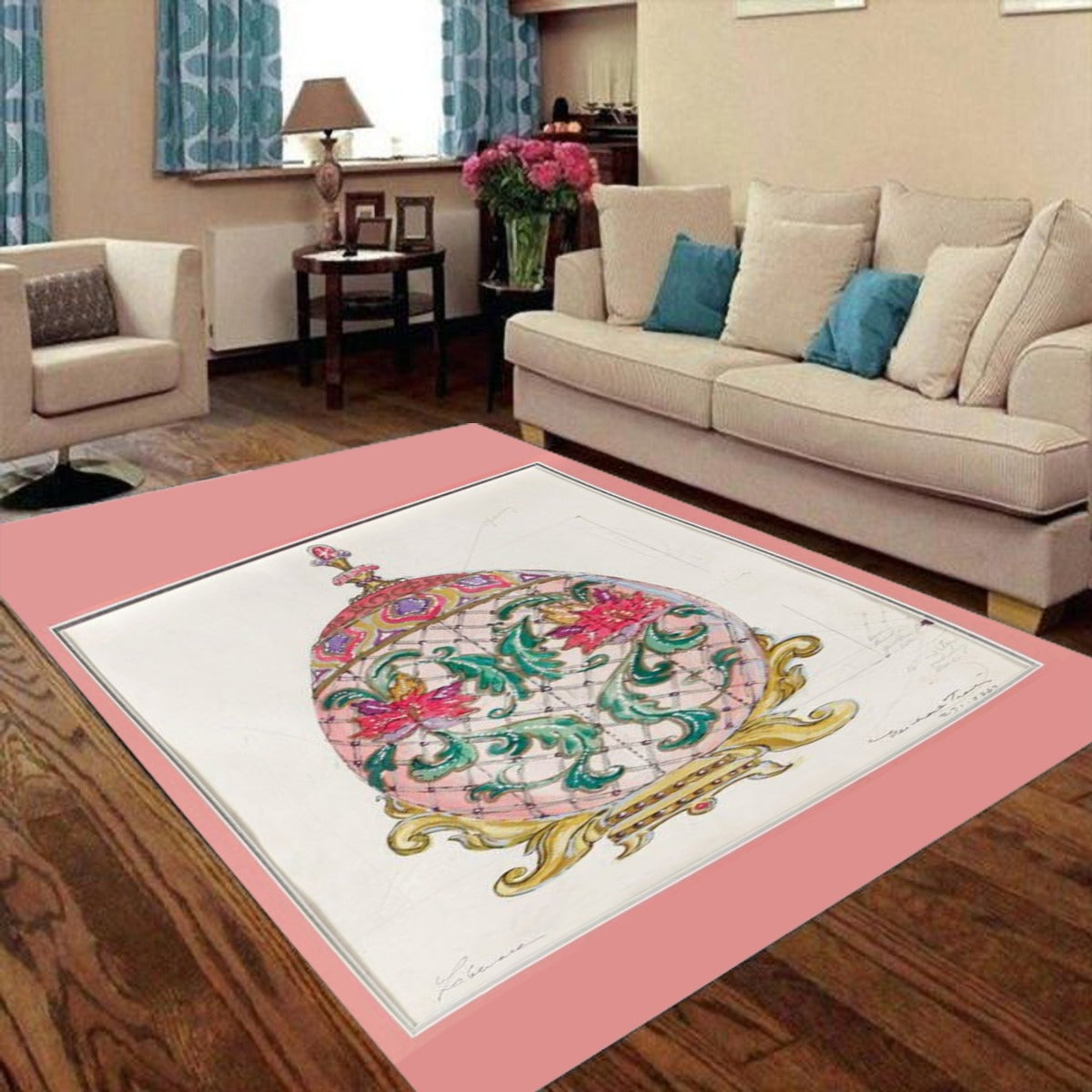 Liberace Fab Egg Sketch Print Area Plush Rug