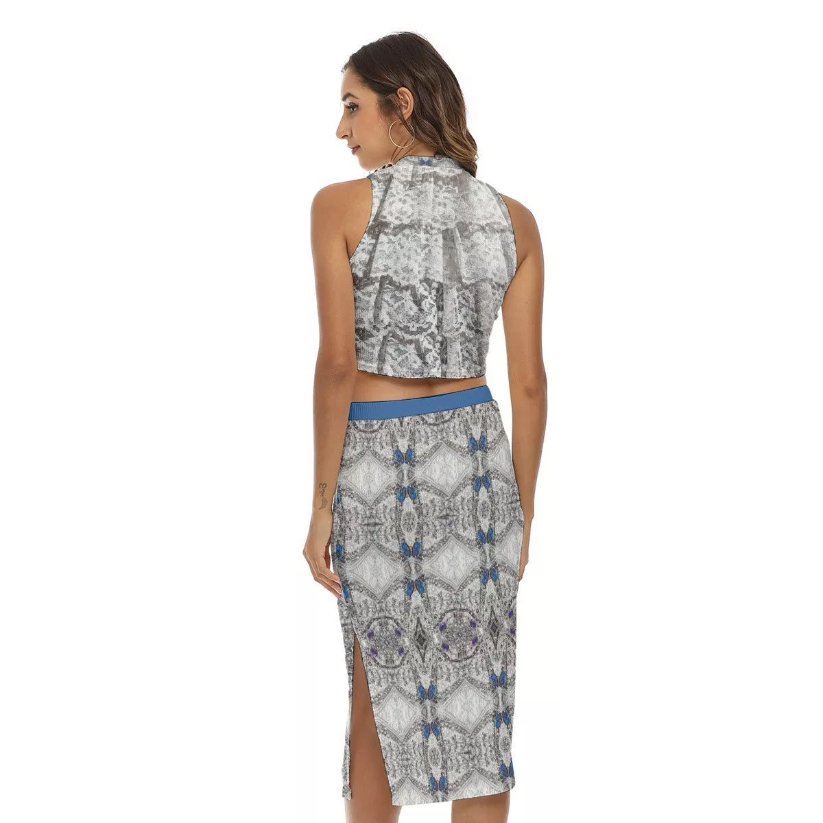Liberace Ruffles and Cape Pattern Slit Skirt Sleeveless Set