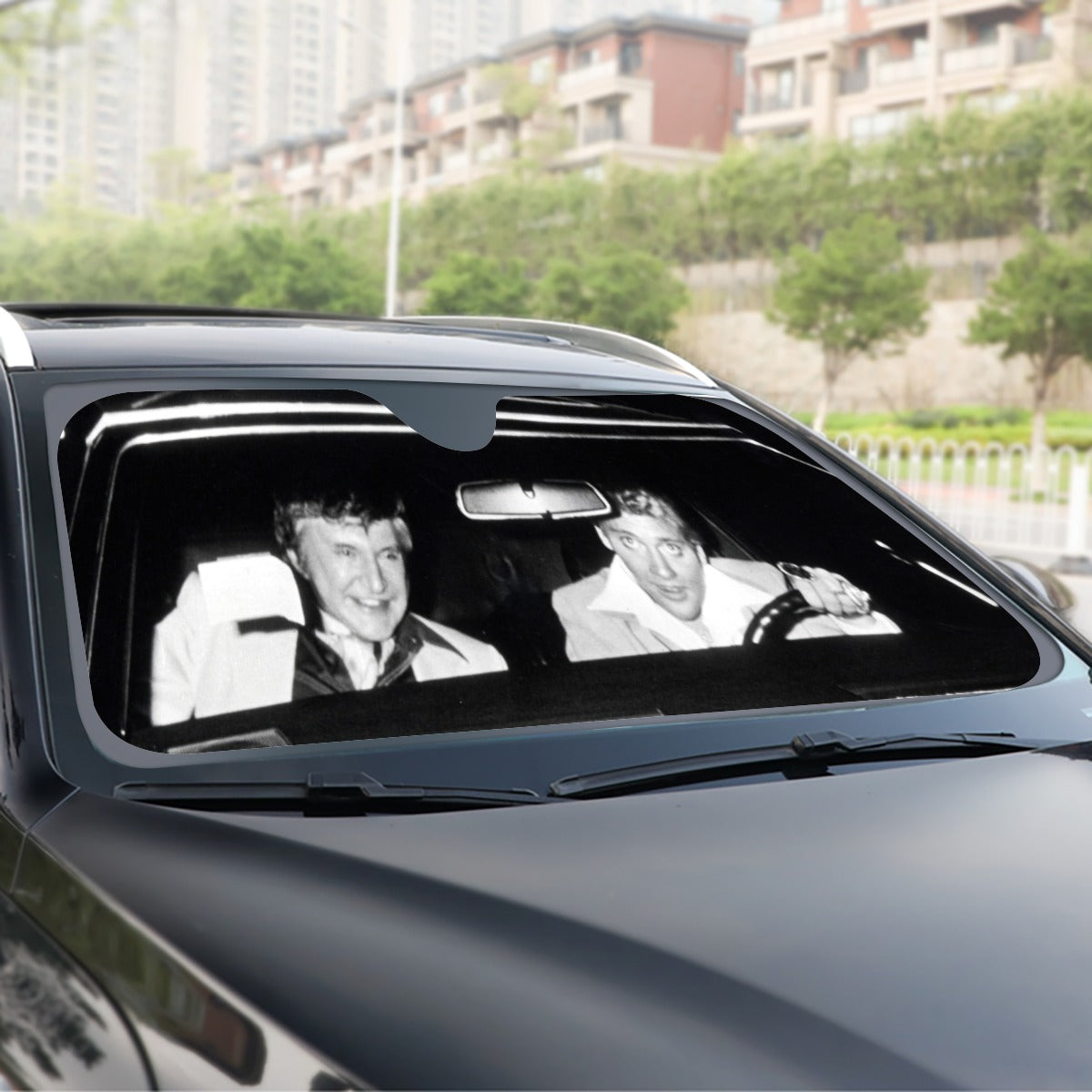 Liberace and friend car windshield shade
